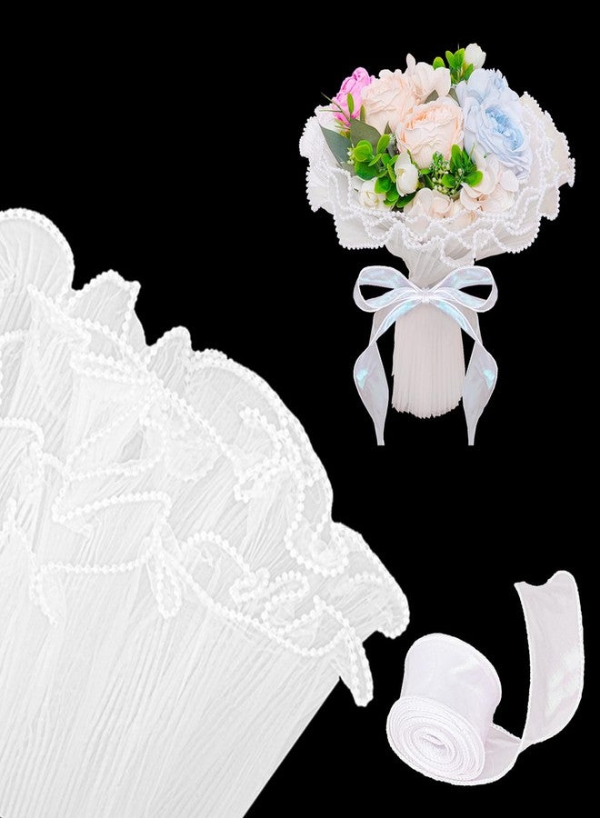 yeabwps 4.37 Yards Floral Bouquet Wrapping Paper, Wrinkled White Mesh with Pearl Edge Floral Wrapping Paper with 10 Yards Ribbon for Valentine's Day Mother's Day - Image 1